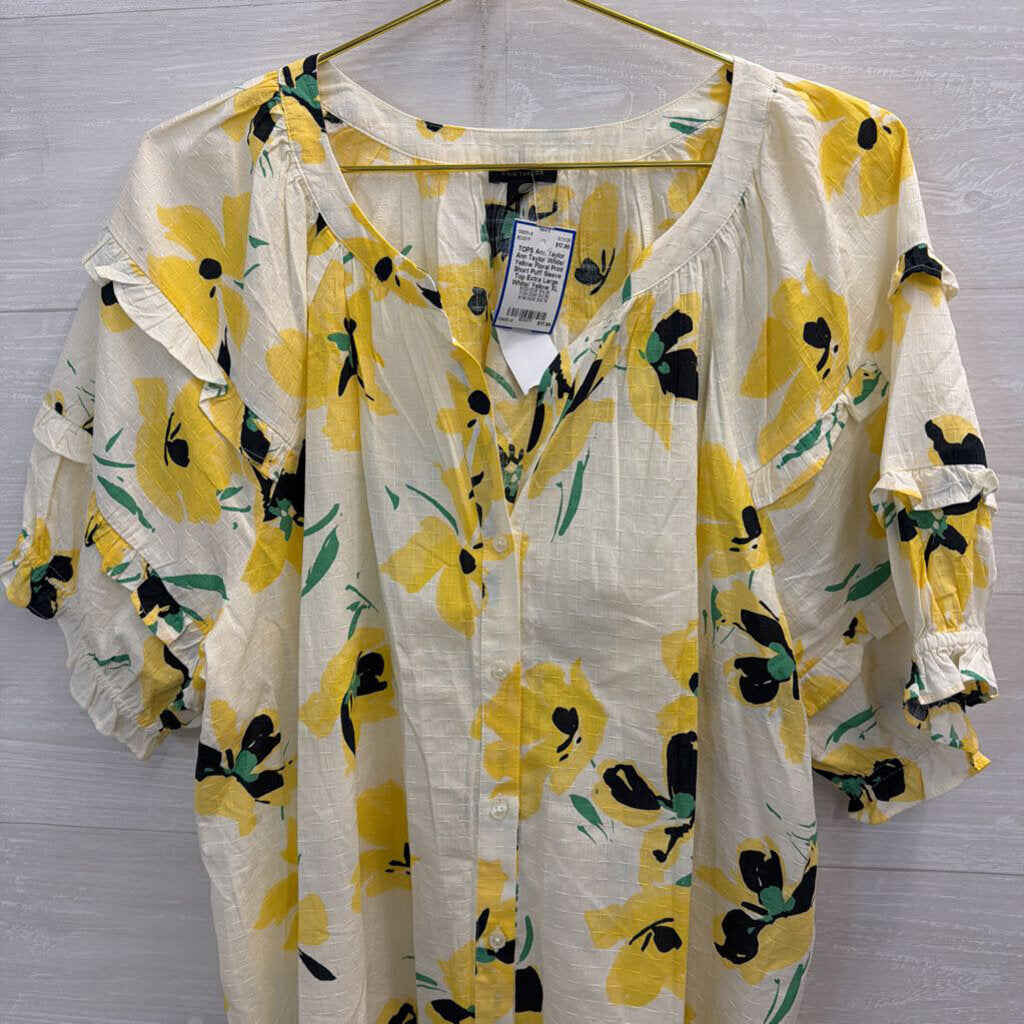 Ann Taylor White/ Yellow Floral Print Short Puff Sleeve Top Extra Large