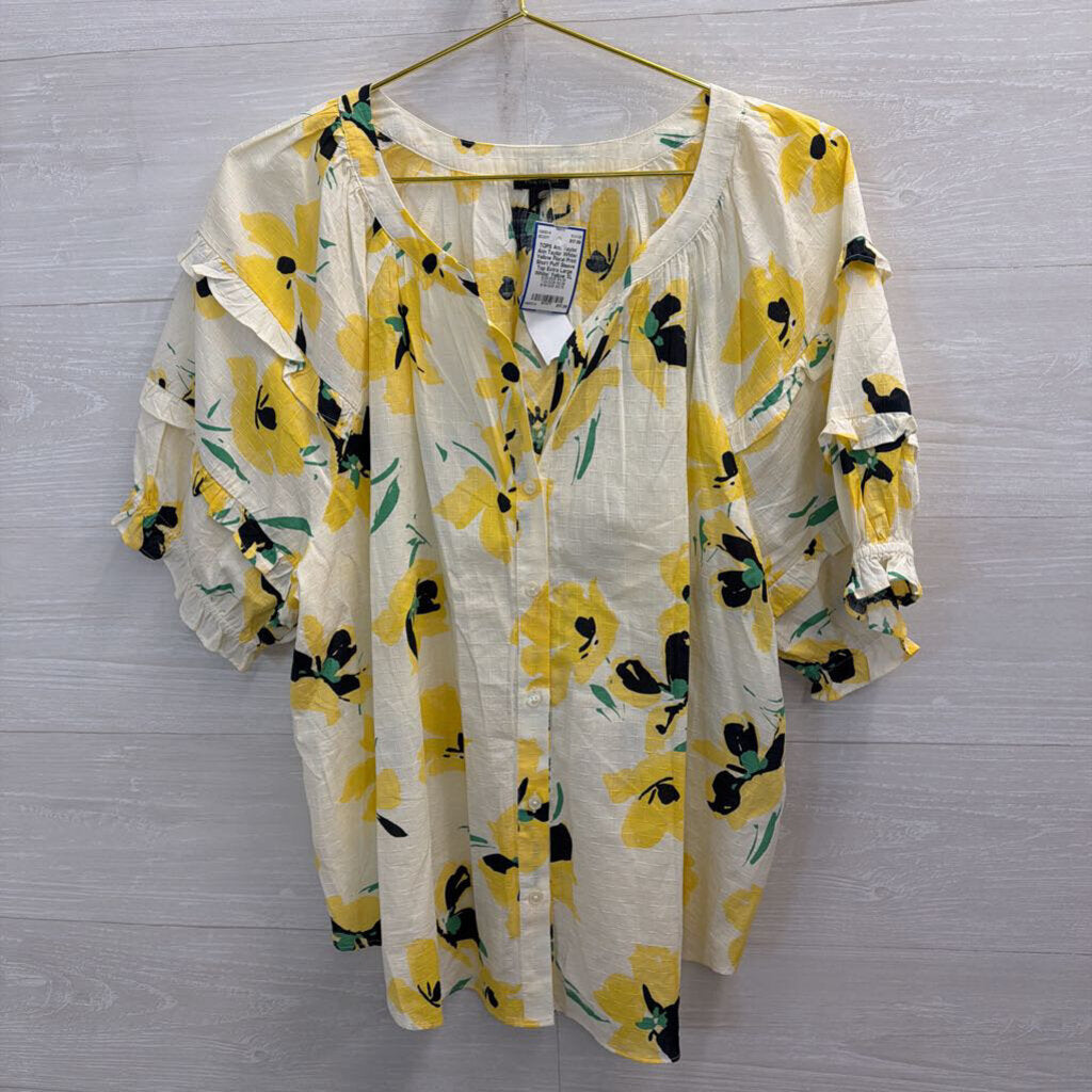 Ann Taylor White/ Yellow Floral Print Short Puff Sleeve Top Extra Large