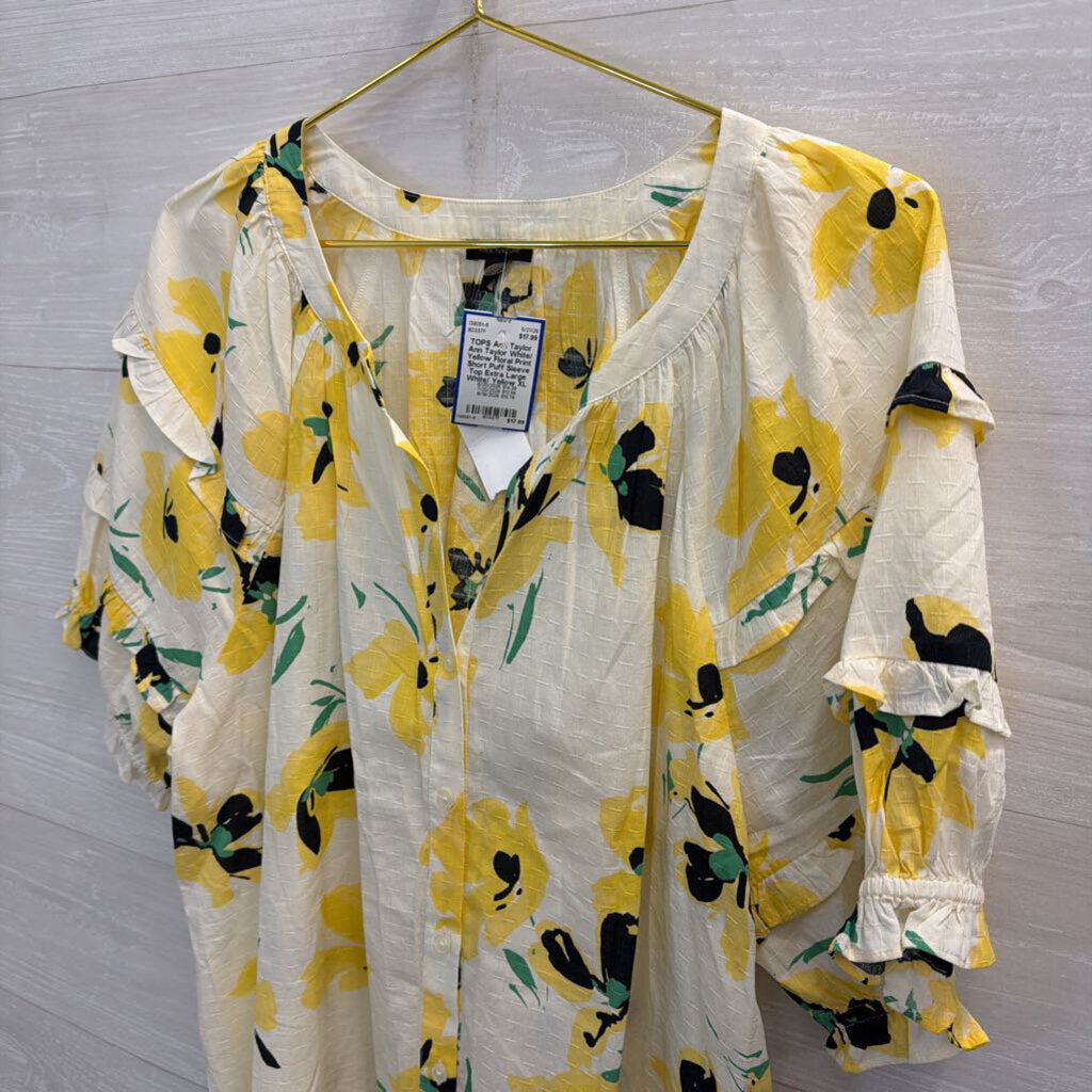 Ann Taylor White/ Yellow Floral Print Short Puff Sleeve Top Extra Large