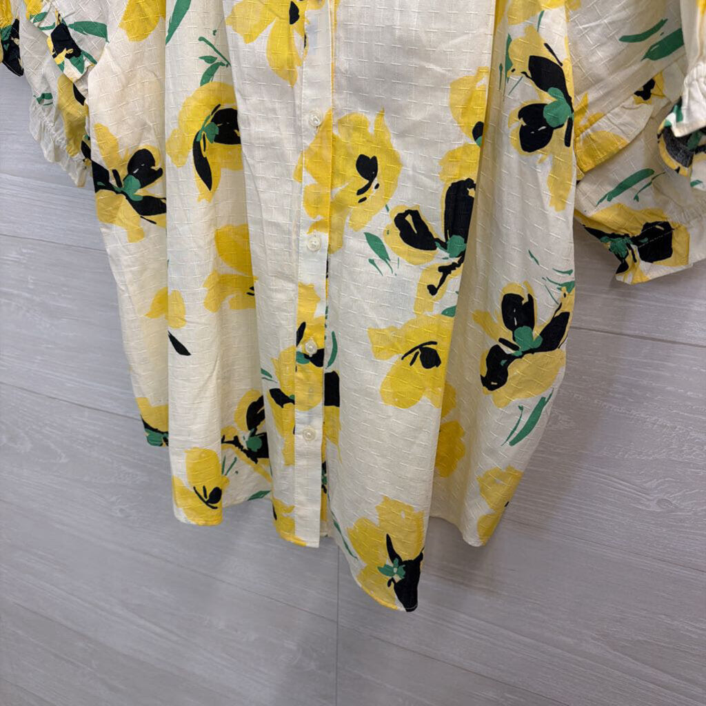 Ann Taylor White/ Yellow Floral Print Short Puff Sleeve Top Extra Large