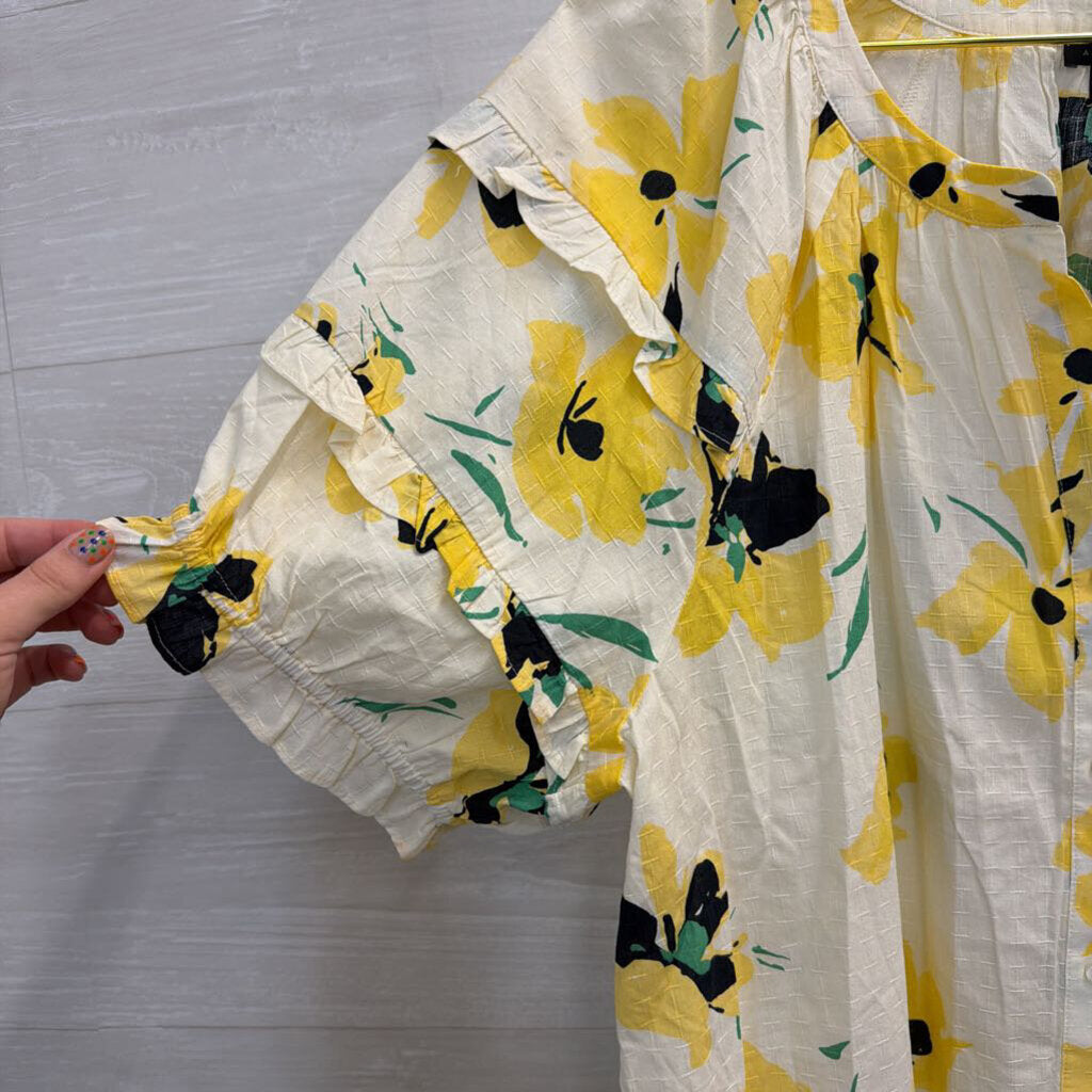 Ann Taylor White/ Yellow Floral Print Short Puff Sleeve Top Extra Large