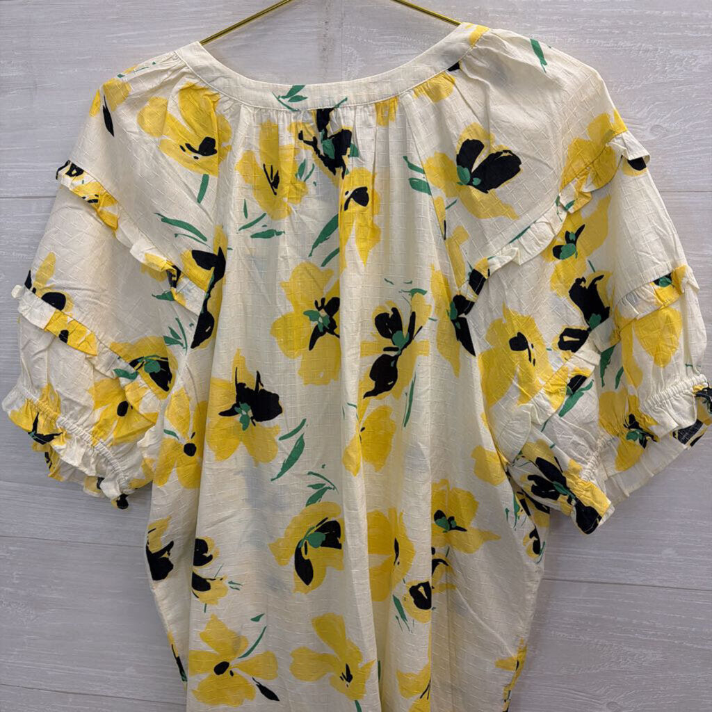 Ann Taylor White/ Yellow Floral Print Short Puff Sleeve Top Extra Large