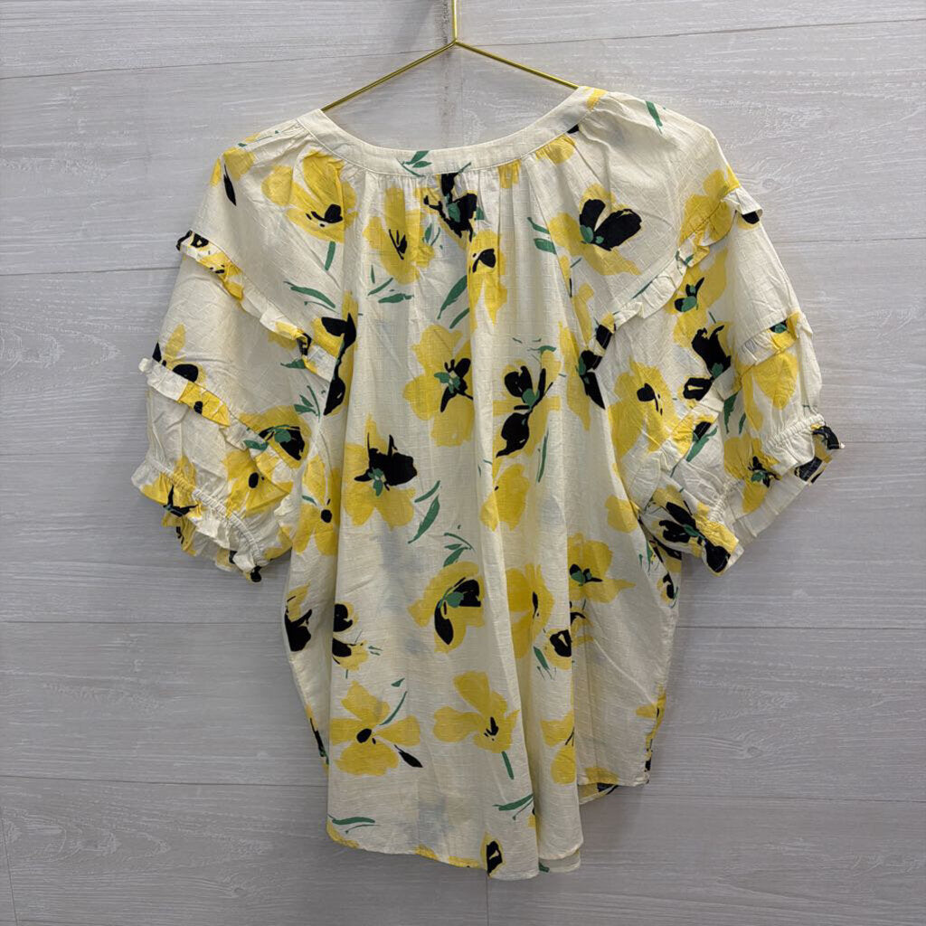 Ann Taylor White/ Yellow Floral Print Short Puff Sleeve Top Extra Large
