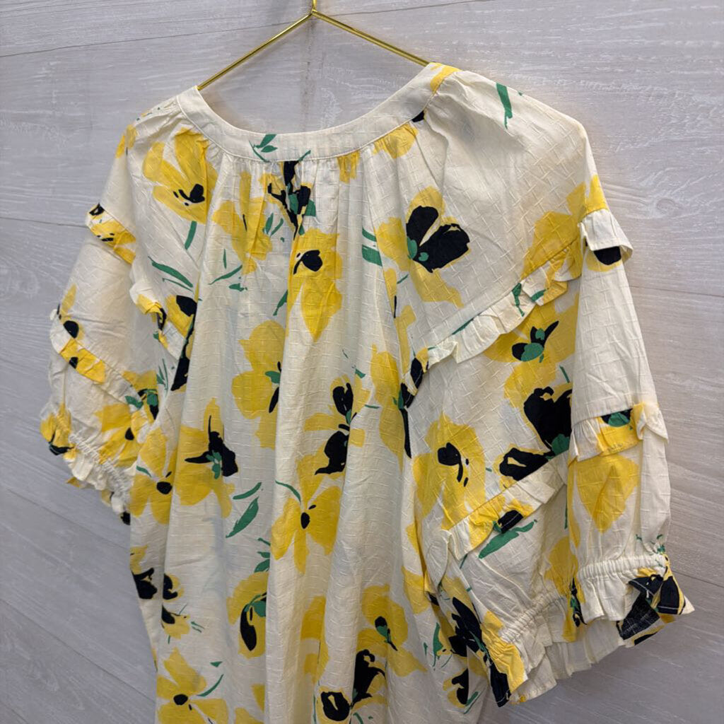 Ann Taylor White/ Yellow Floral Print Short Puff Sleeve Top Extra Large