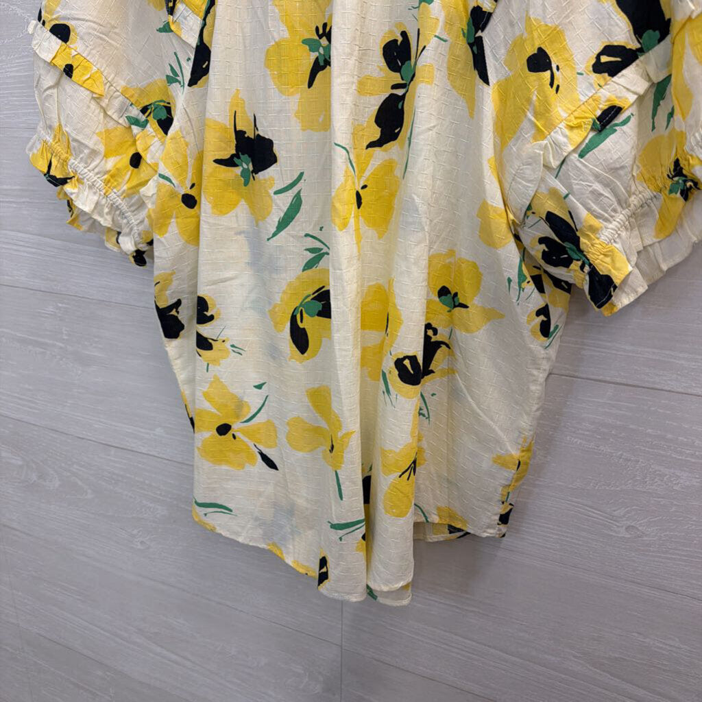 Ann Taylor White/ Yellow Floral Print Short Puff Sleeve Top Extra Large