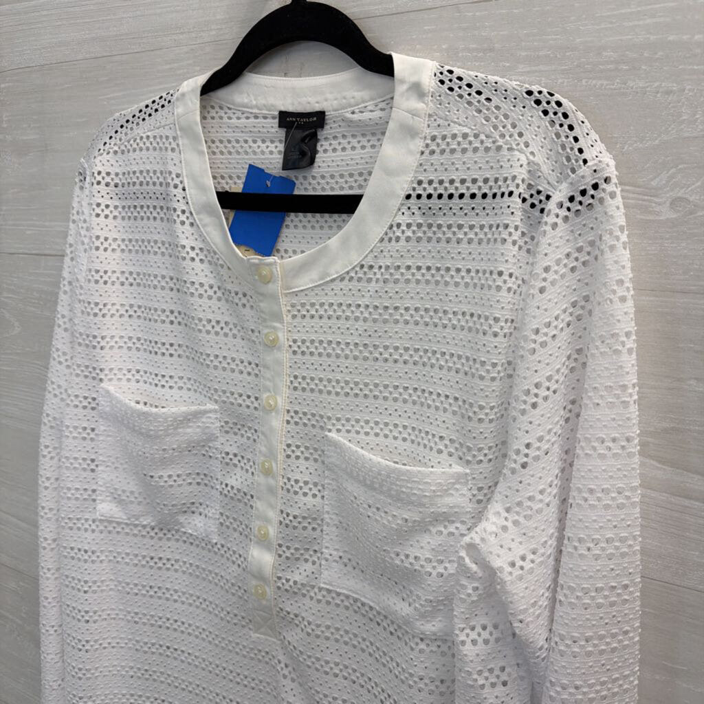 Ann Taylor White Open Knit Mesh Long Sleeve Top Extra Large