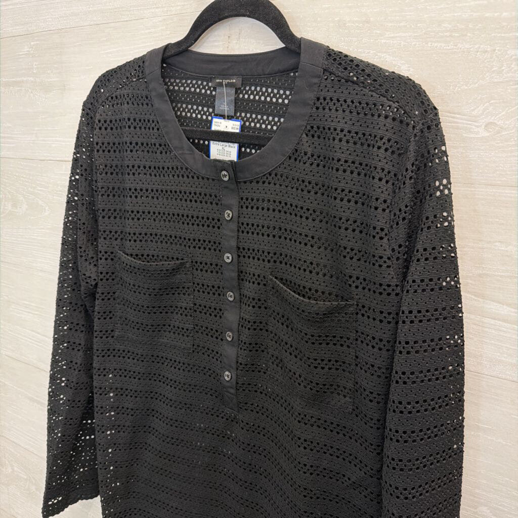 Ann Taylor Black Open Knit Mesh Long Sleeve Top Extra Large