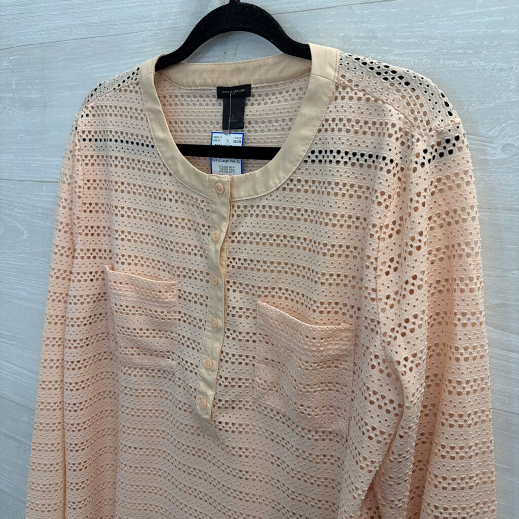 Ann Taylor Pink Open Knit Mesh Long Sleeve Top Extra Large