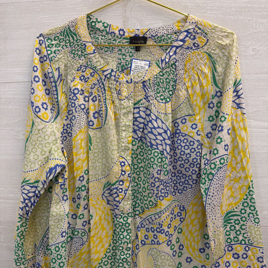 Talbots White/ Yellow Print Long Sleeve Button Front Top Extra Large