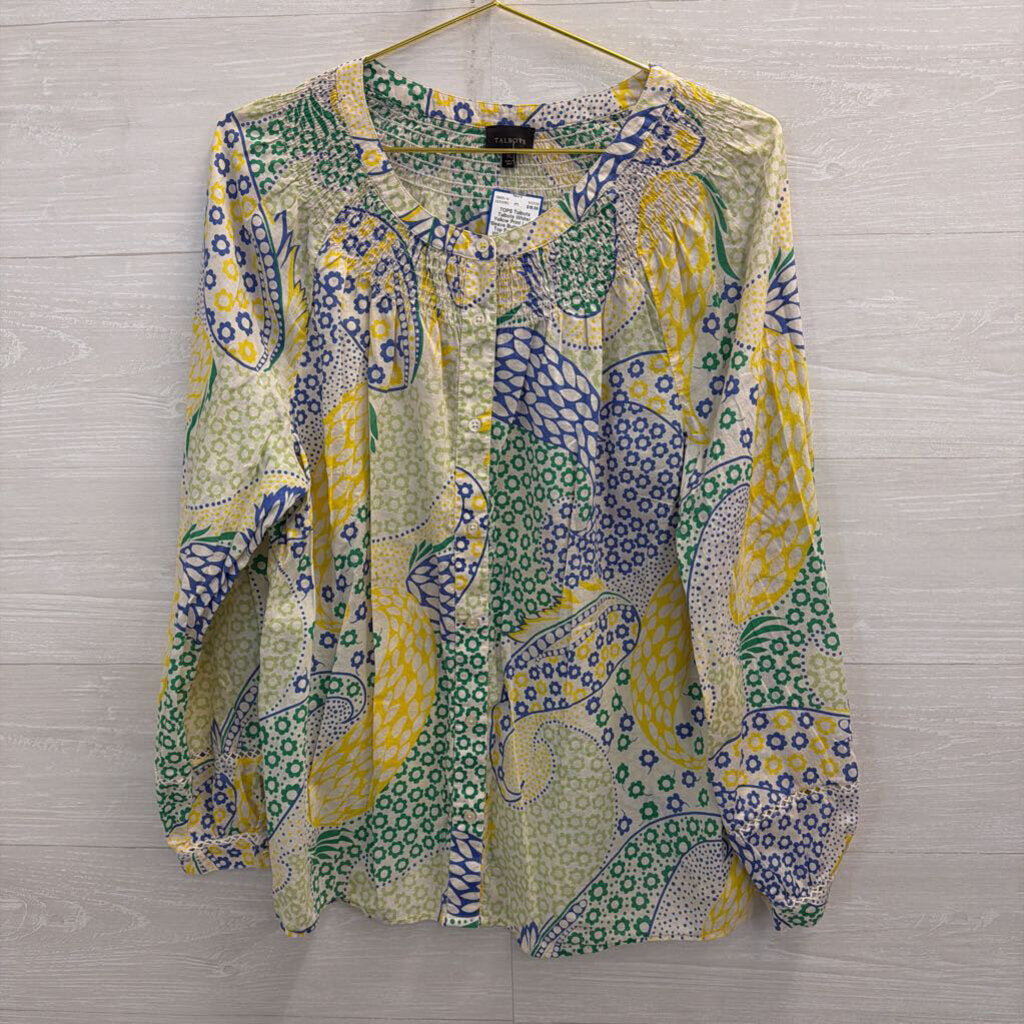 Talbots White/ Yellow Print Long Sleeve Button Front Top Extra Large