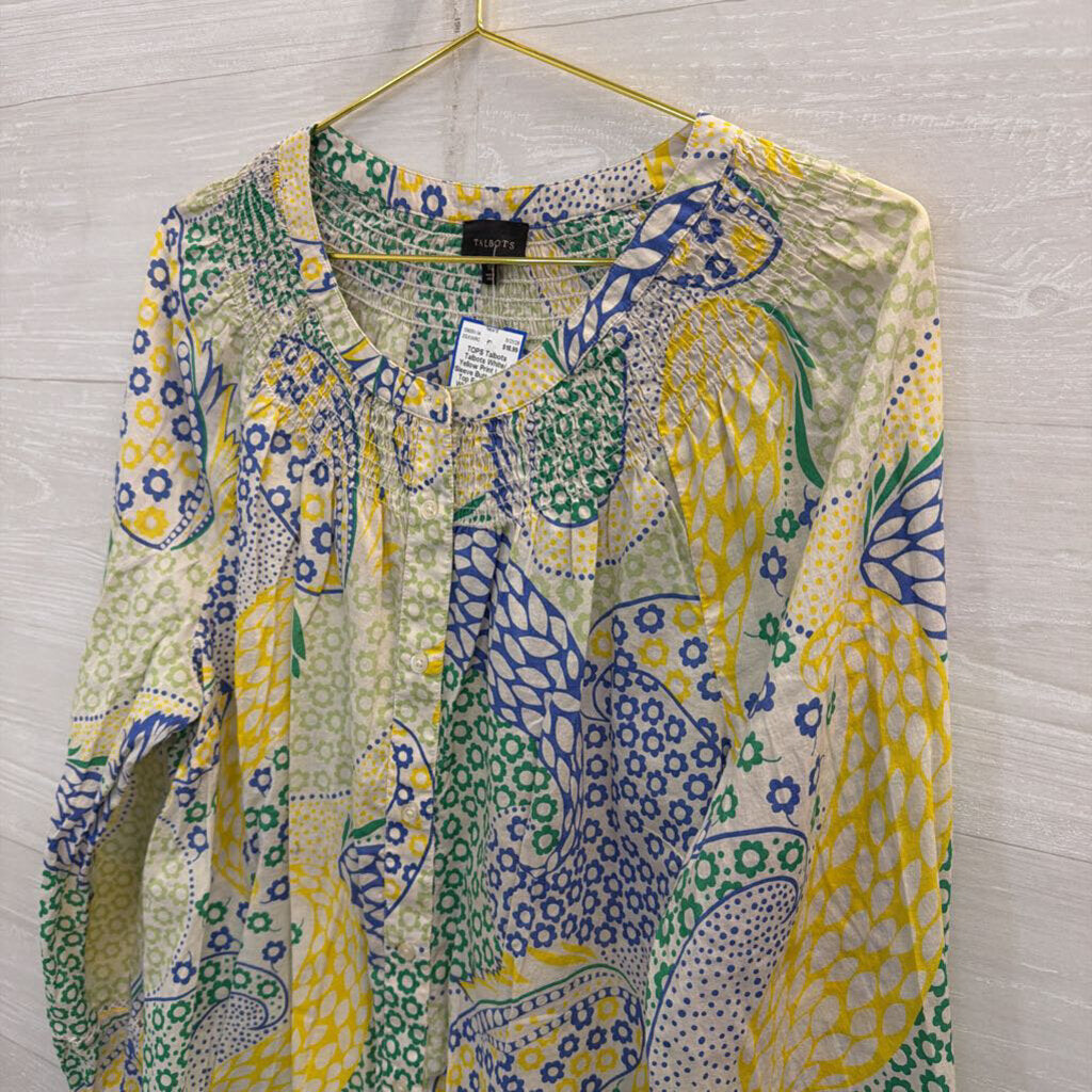 Talbots White/ Yellow Print Long Sleeve Button Front Top Extra Large