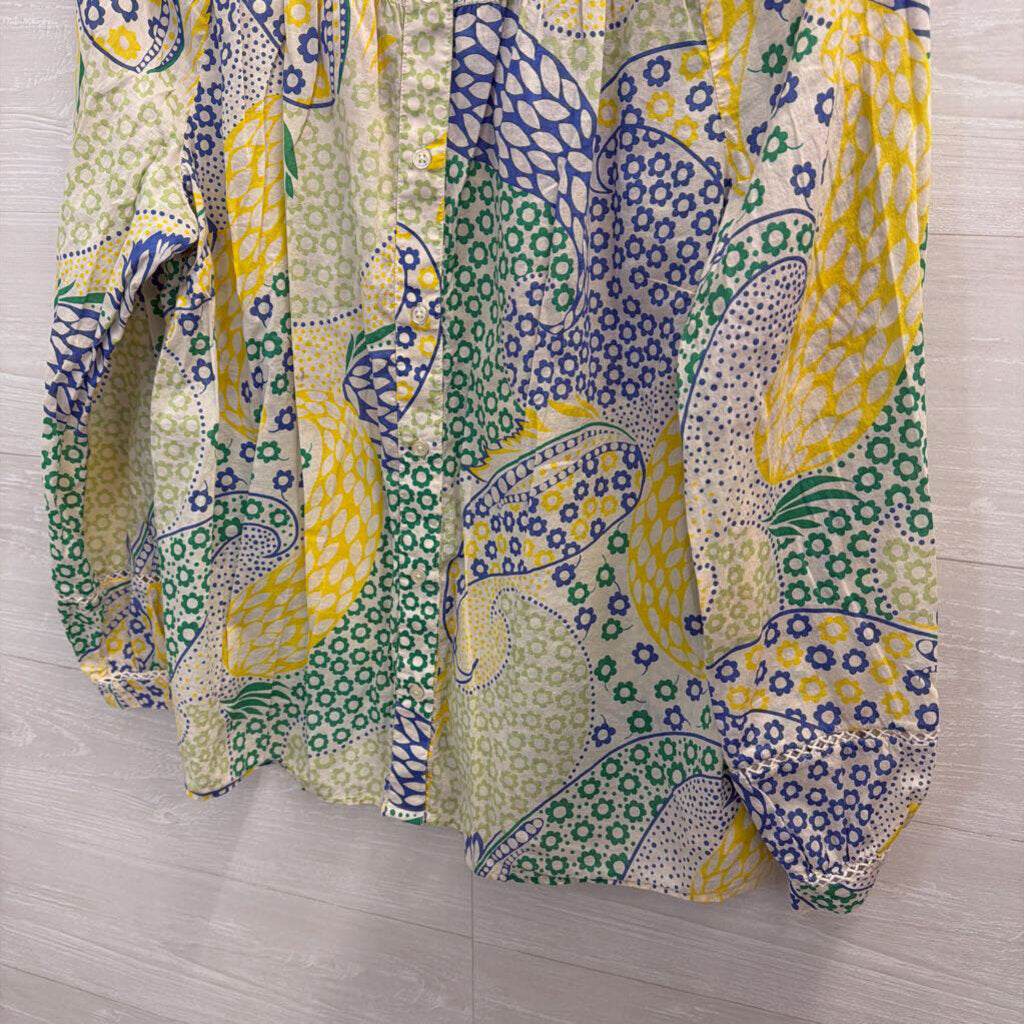 Talbots White/ Yellow Print Long Sleeve Button Front Top Extra Large