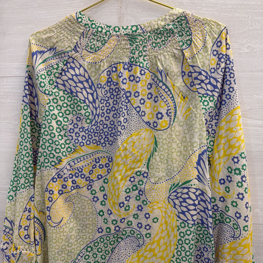 Talbots White/ Yellow Print Long Sleeve Button Front Top Extra Large