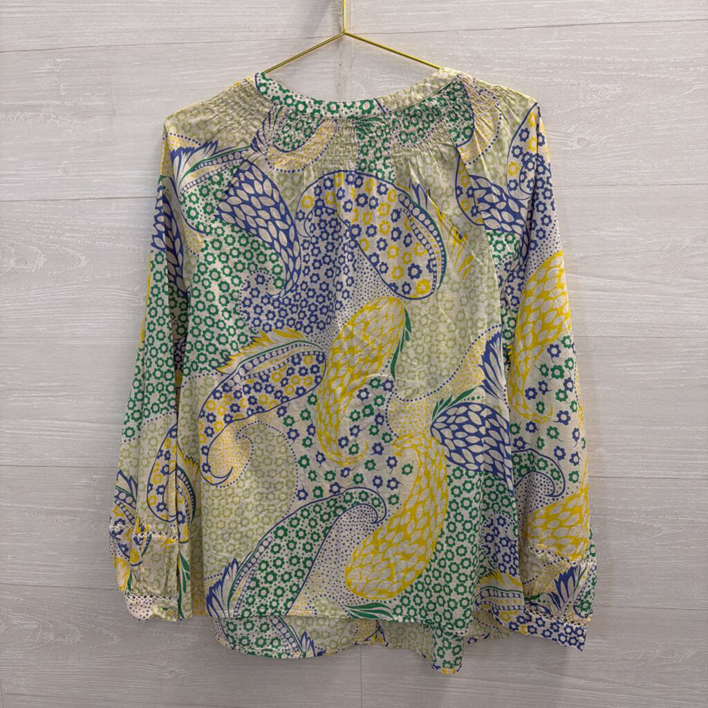 Talbots White/ Yellow Print Long Sleeve Button Front Top Extra Large