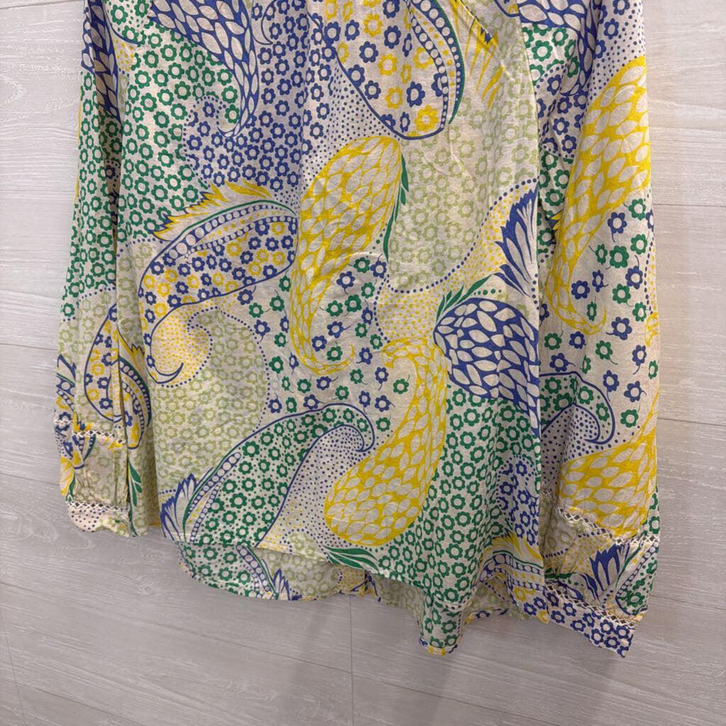Talbots White/ Yellow Print Long Sleeve Button Front Top Extra Large