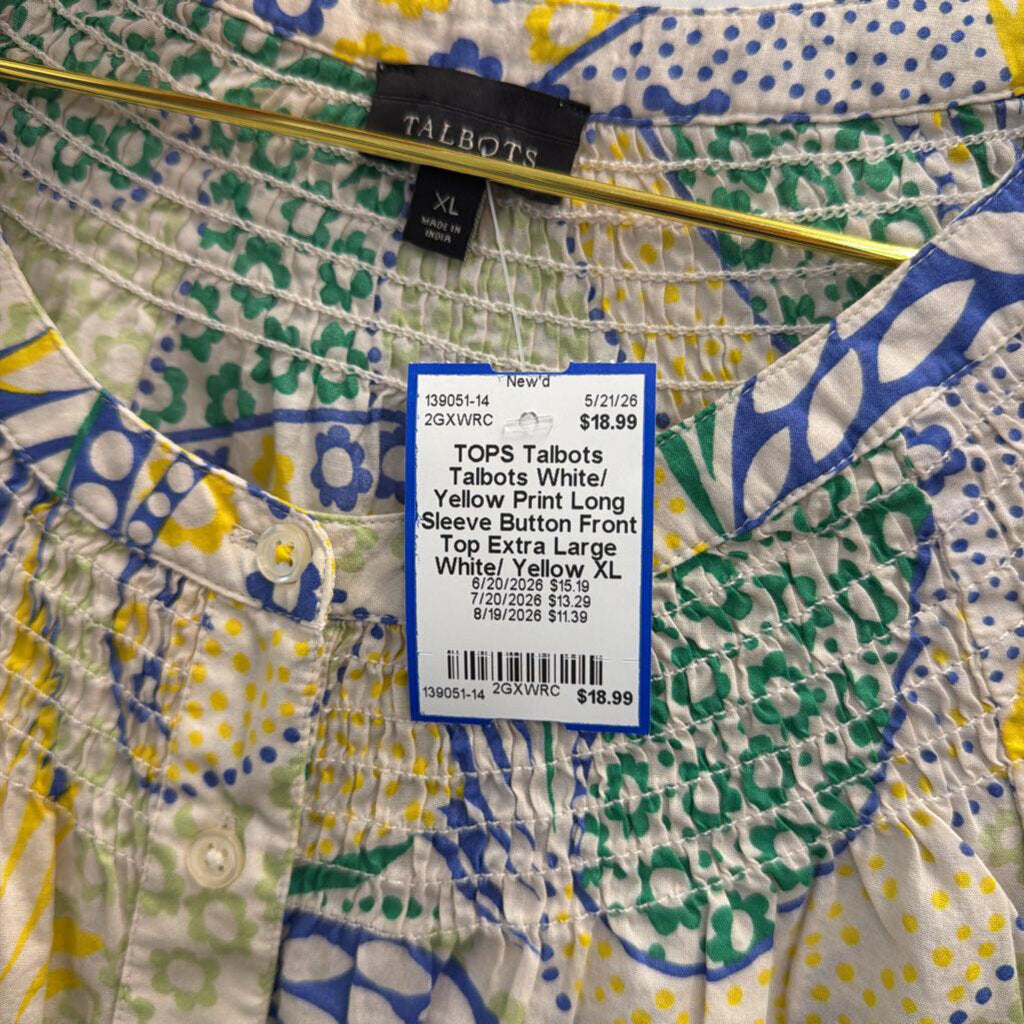 Talbots White/ Yellow Print Long Sleeve Button Front Top Extra Large