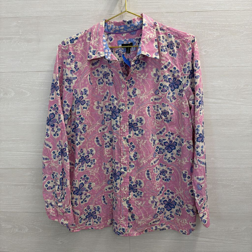 Talbots Pink/ Multi Print Long Sleeve Button Front Top Extra Large