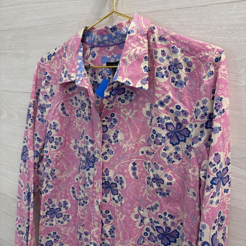 Talbots Pink/ Multi Print Long Sleeve Button Front Top Extra Large