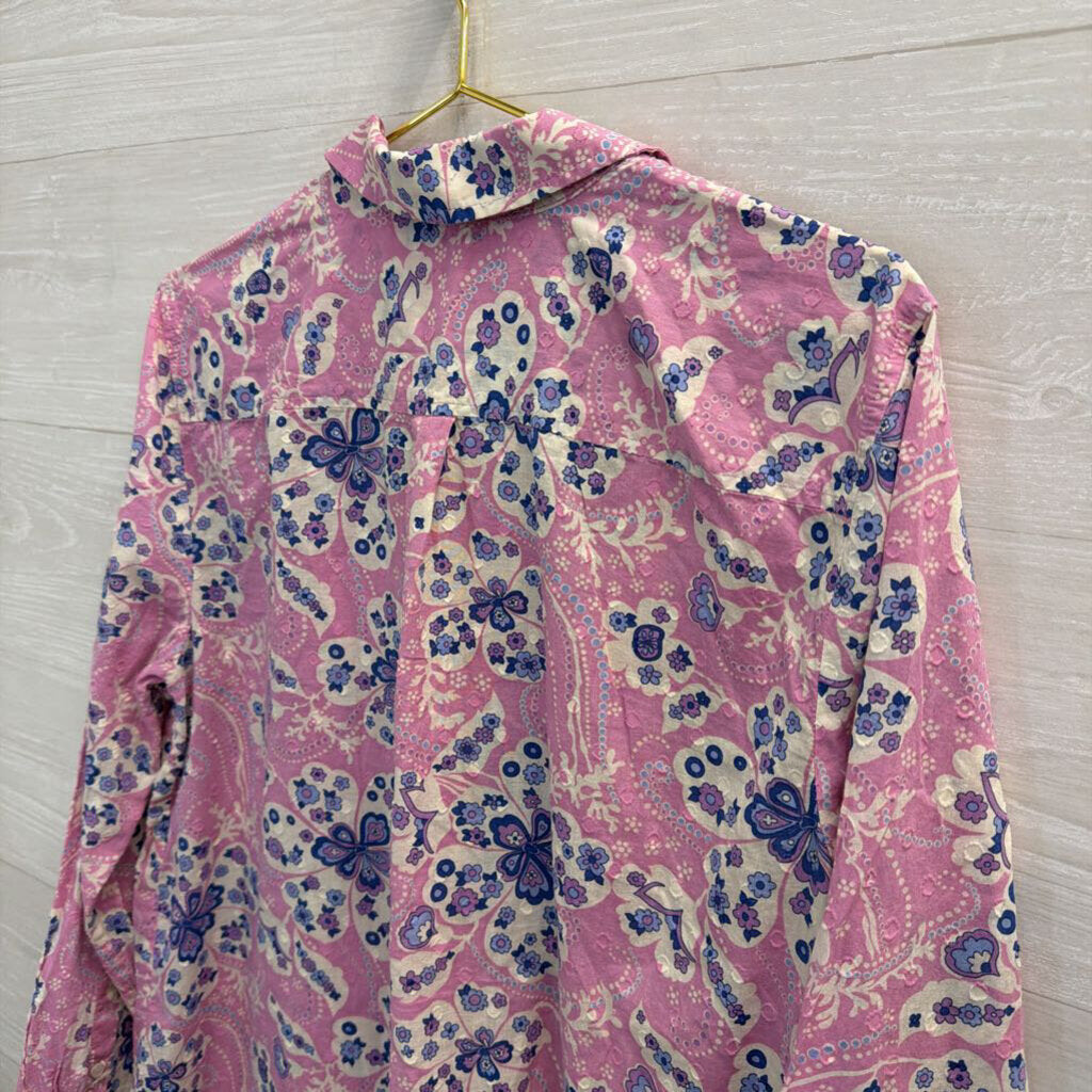 Talbots Pink/ Multi Print Long Sleeve Button Front Top Extra Large