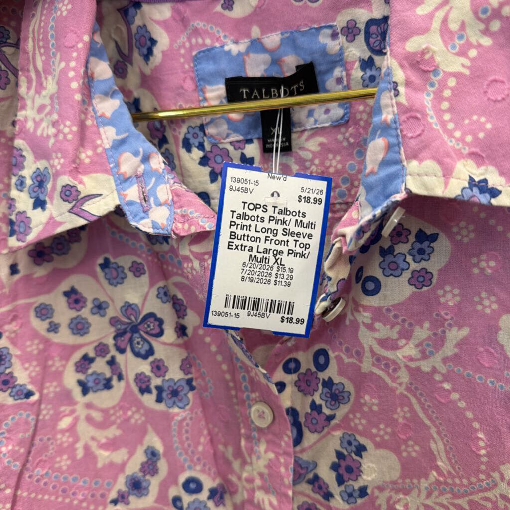 Talbots Pink/ Multi Print Long Sleeve Button Front Top Extra Large