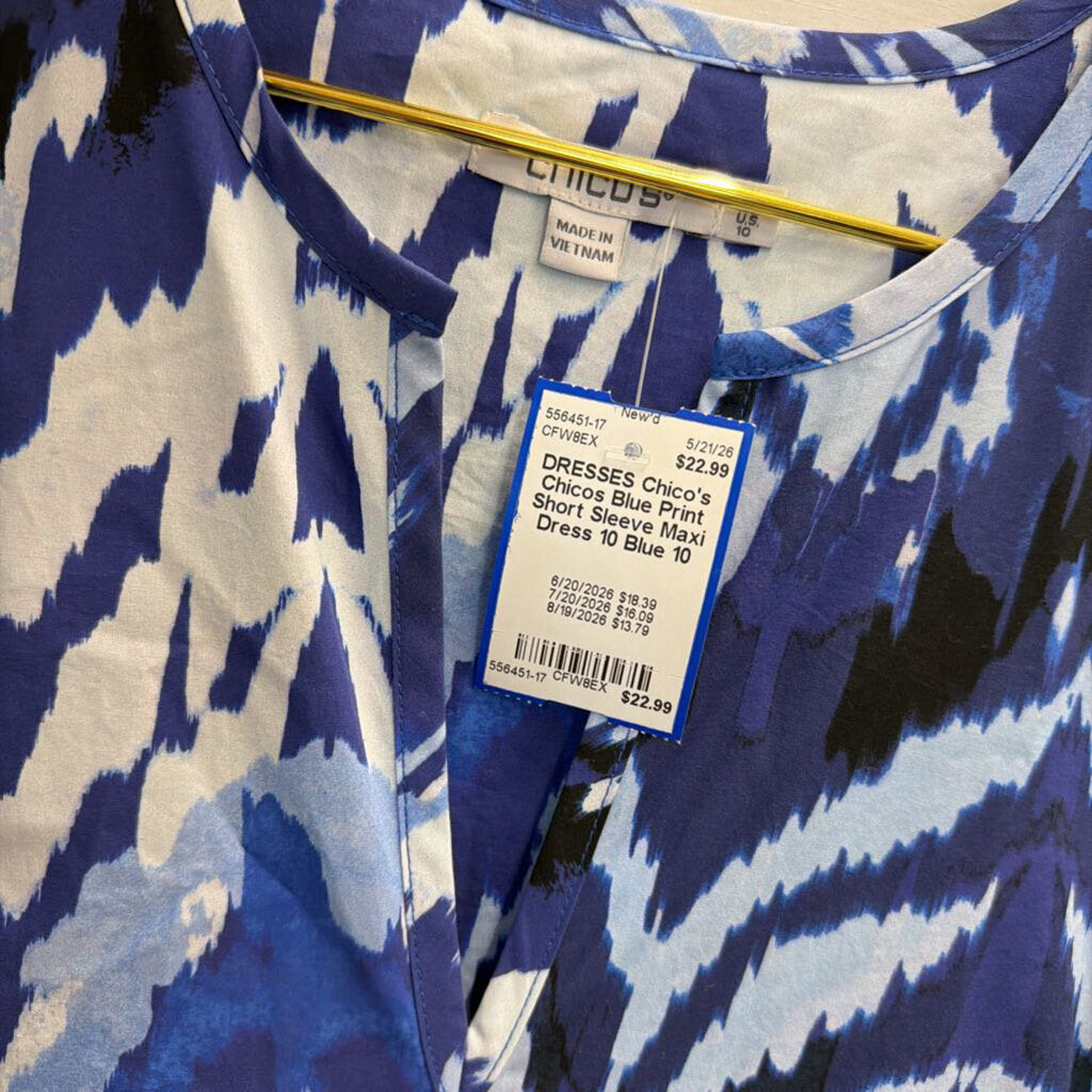 Chicos Blue Print Short Sleeve Maxi Dress 10
