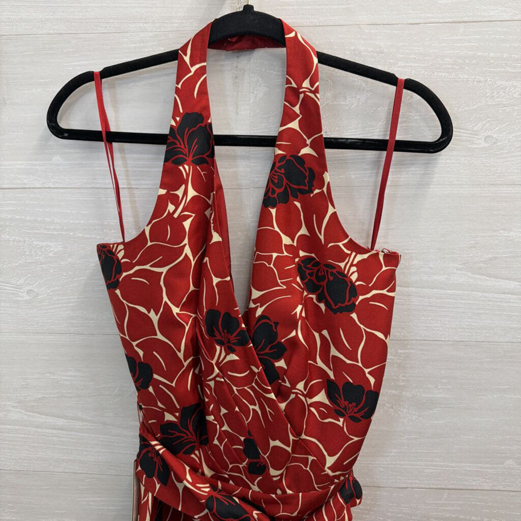 Ann Taylor Red Print Halter Neck Tie Waist Dress 10