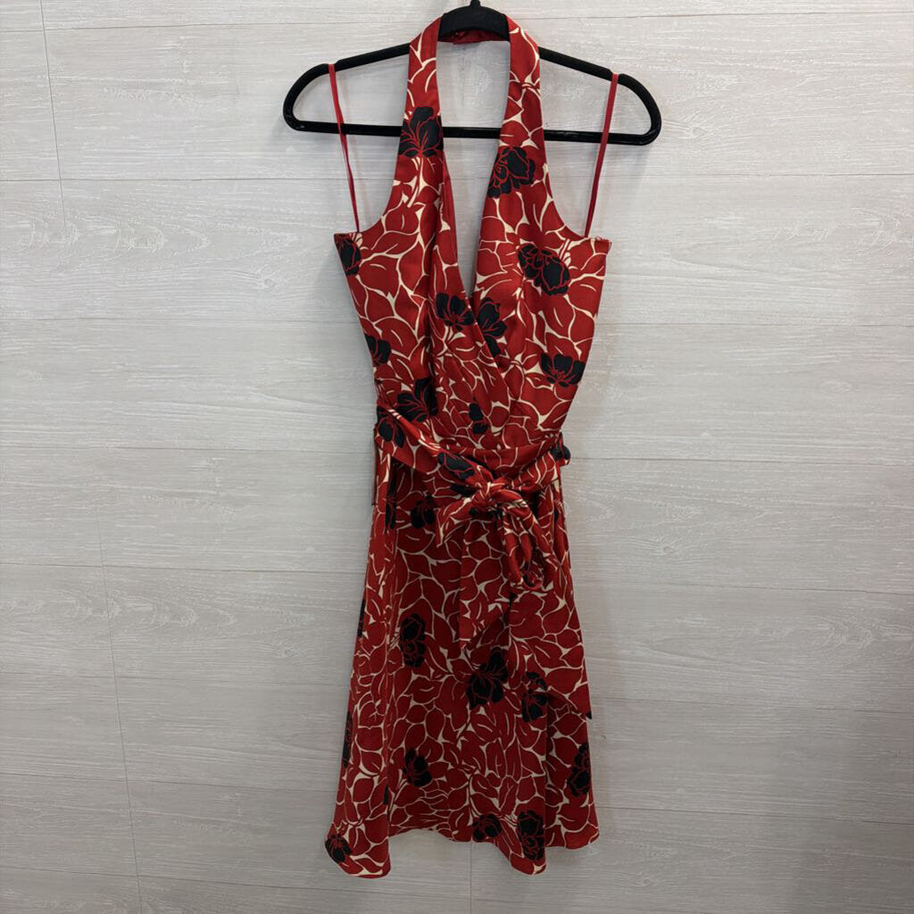 Ann Taylor Red Print Halter Neck Tie Waist Dress 10