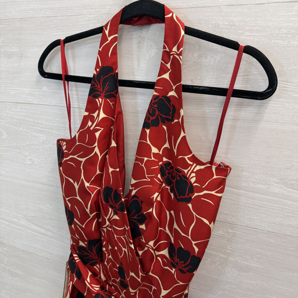 Ann Taylor Red Print Halter Neck Tie Waist Dress 10
