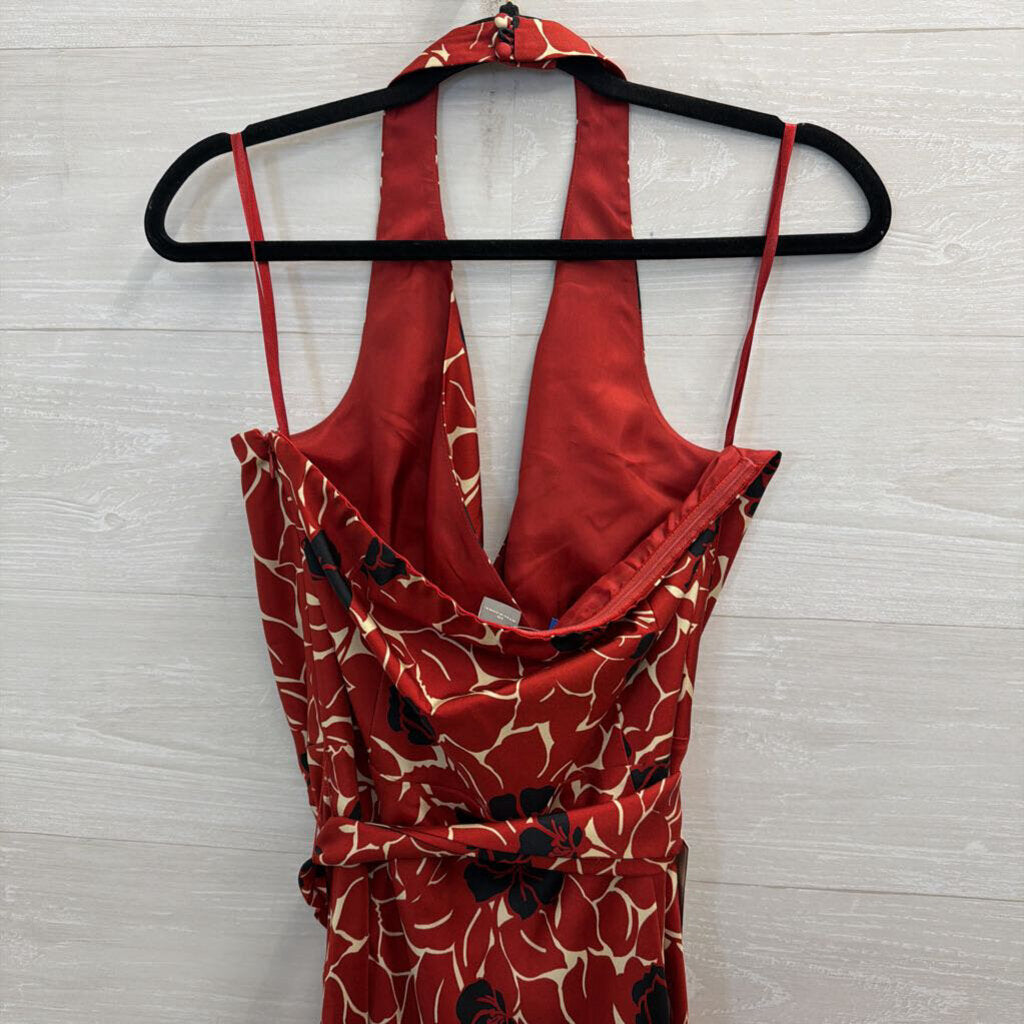 Ann Taylor Red Print Halter Neck Tie Waist Dress 10