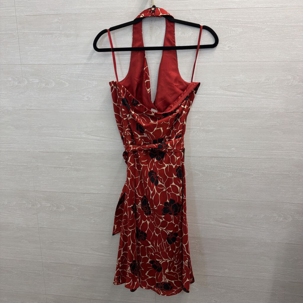 Ann Taylor Red Print Halter Neck Tie Waist Dress 10