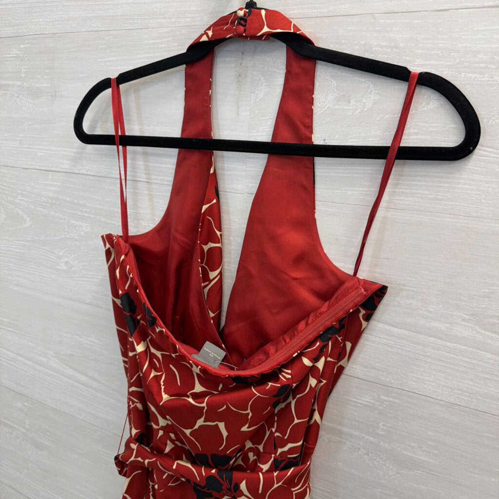 Ann Taylor Red Print Halter Neck Tie Waist Dress 10