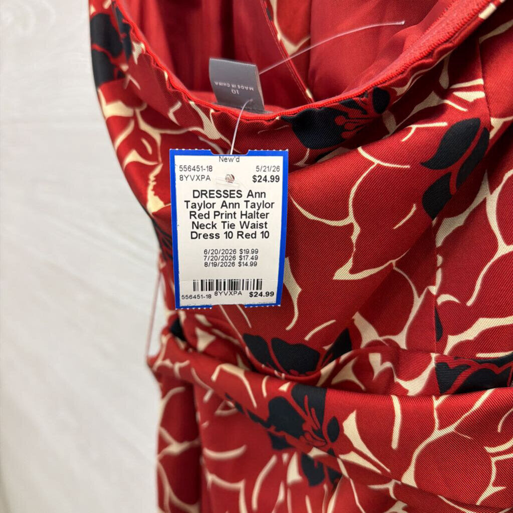 Ann Taylor Red Print Halter Neck Tie Waist Dress 10
