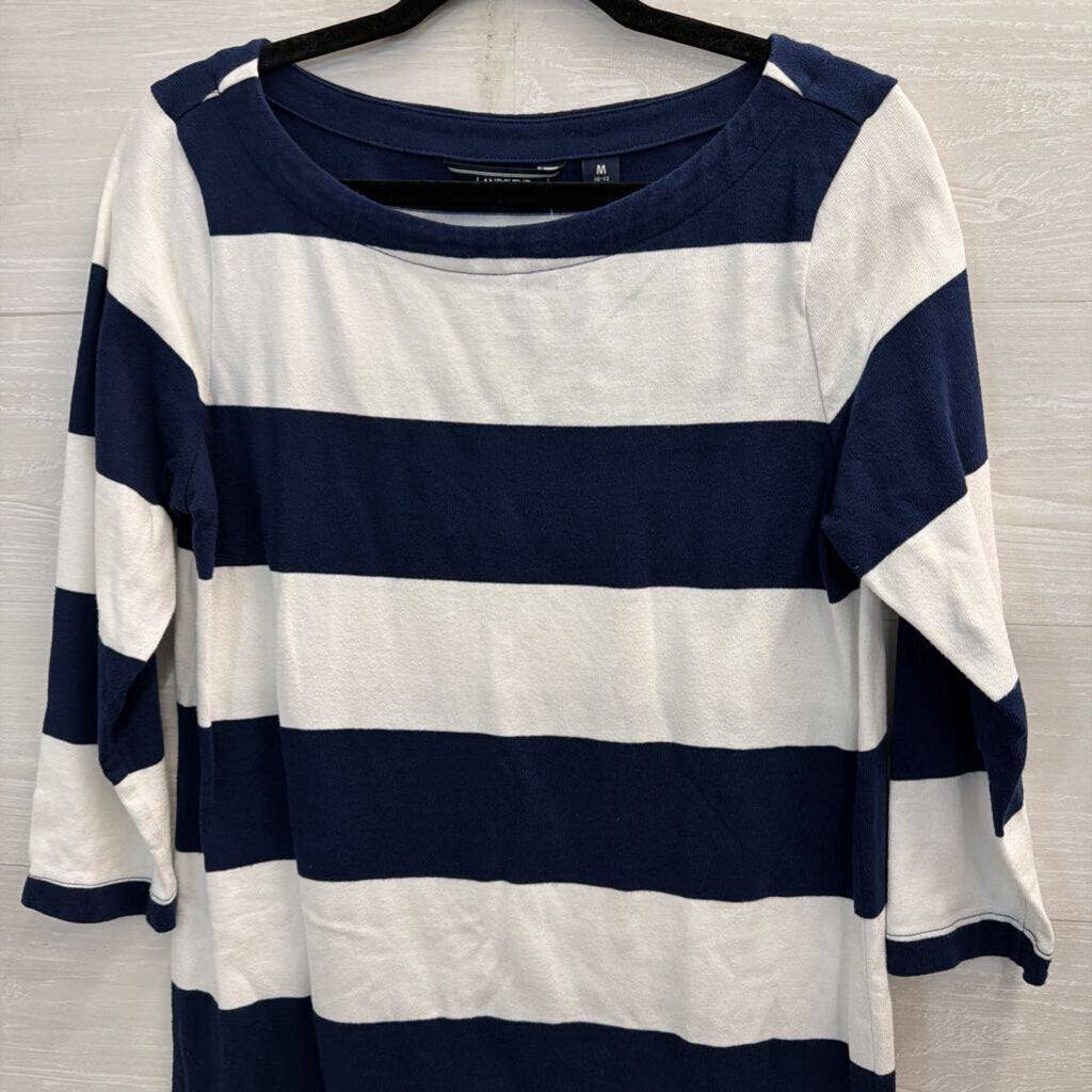 Lands End White/ Navy Striped Long Sleeve Dress Medium