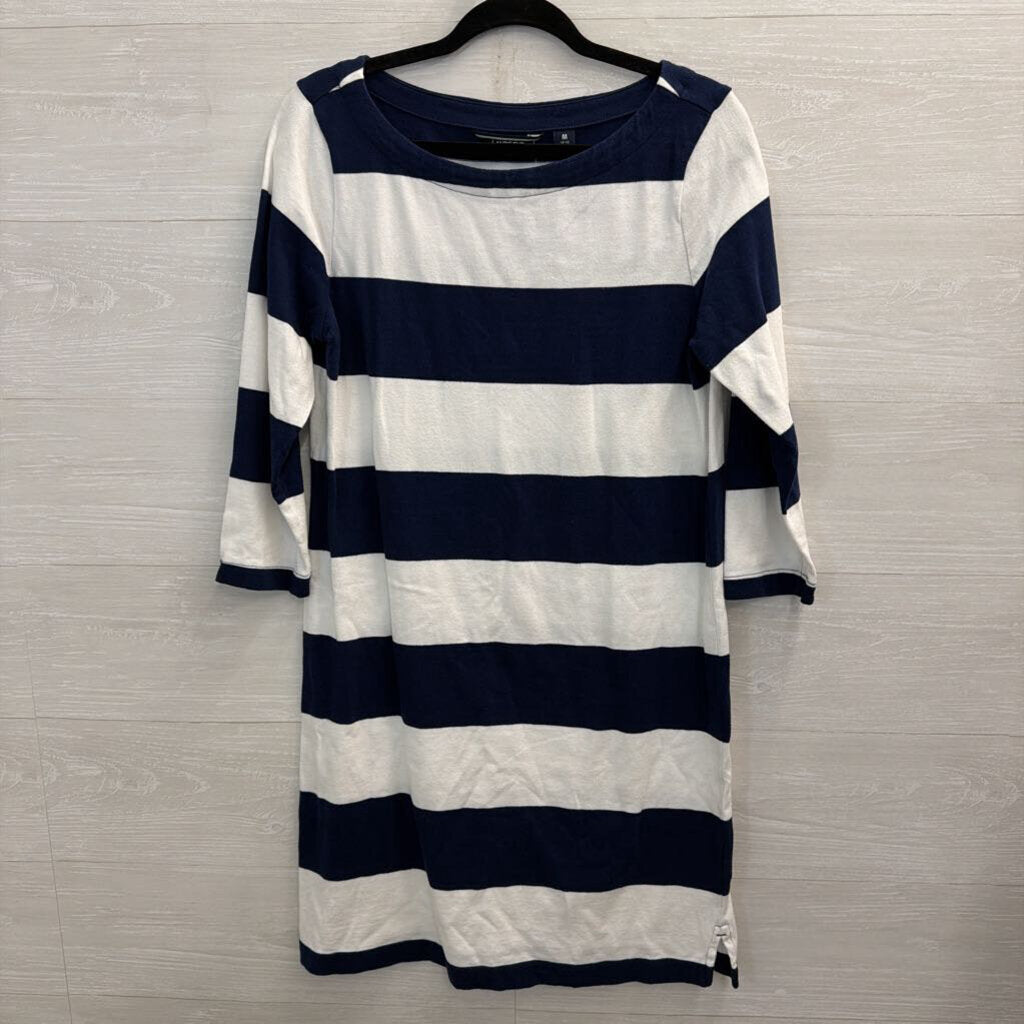 Lands End White/ Navy Striped Long Sleeve Dress Medium