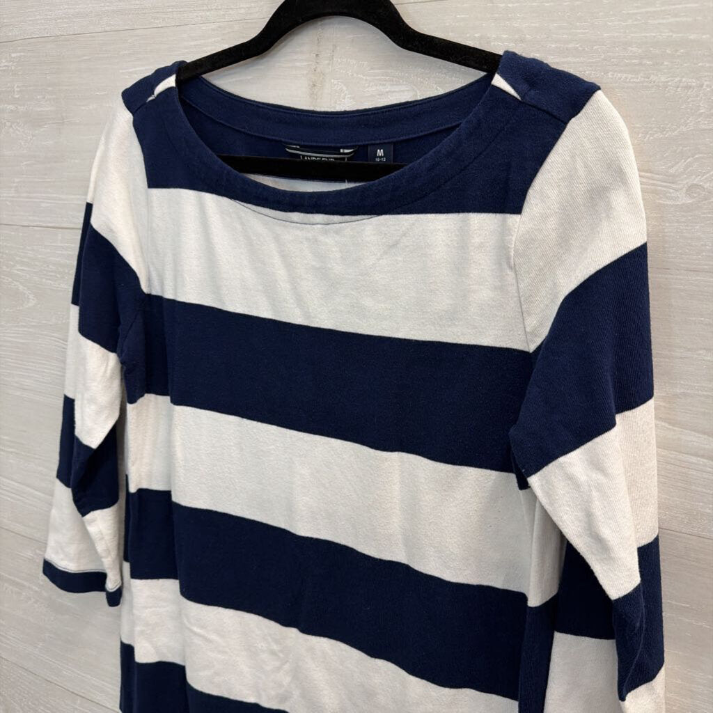 Lands End White/ Navy Striped Long Sleeve Dress Medium