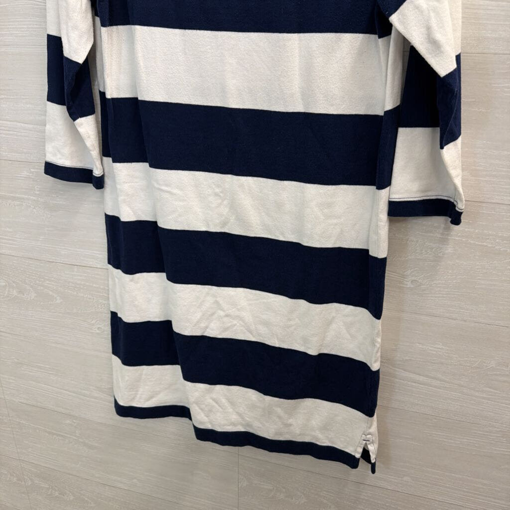 Lands End White/ Navy Striped Long Sleeve Dress Medium