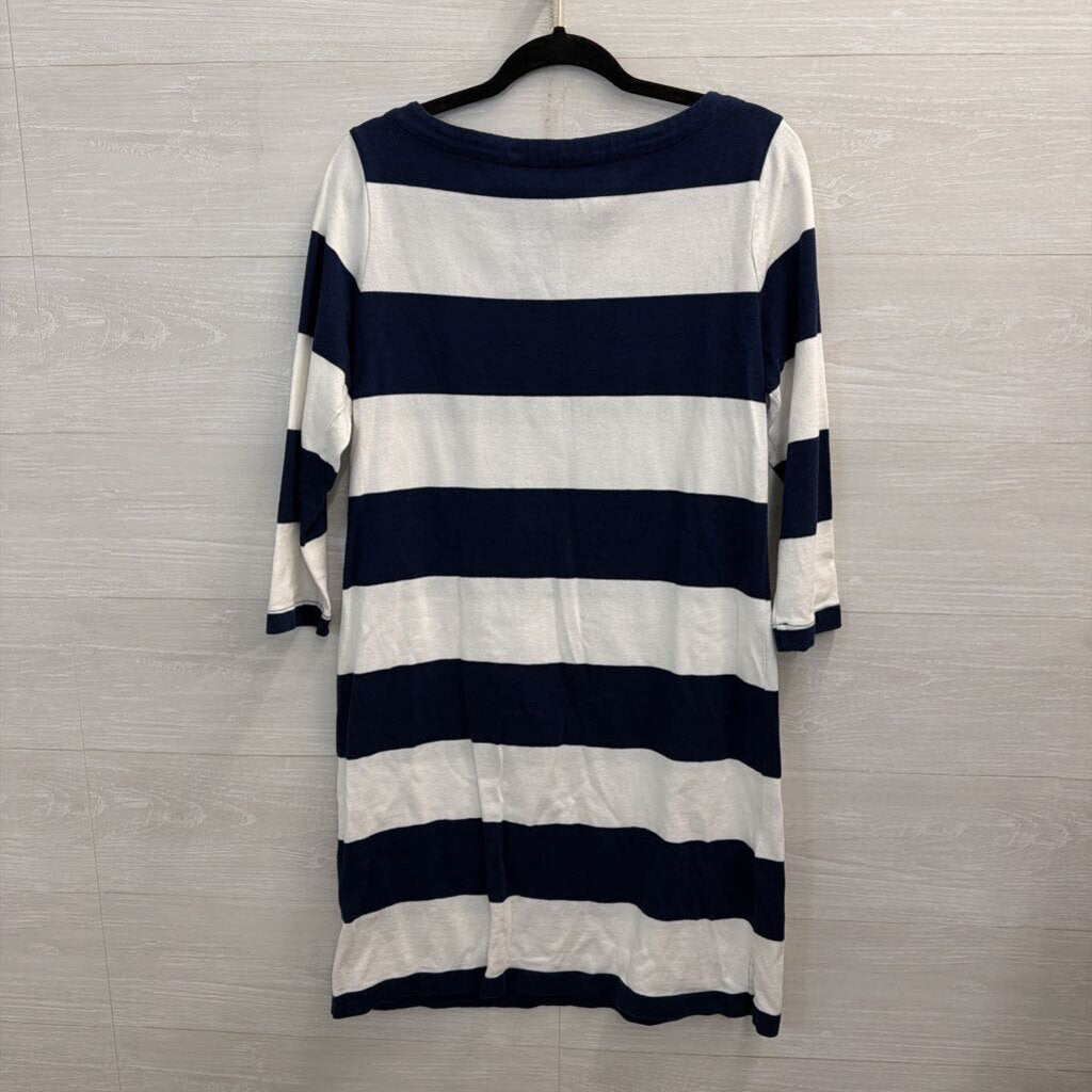 Lands End White/ Navy Striped Long Sleeve Dress Medium