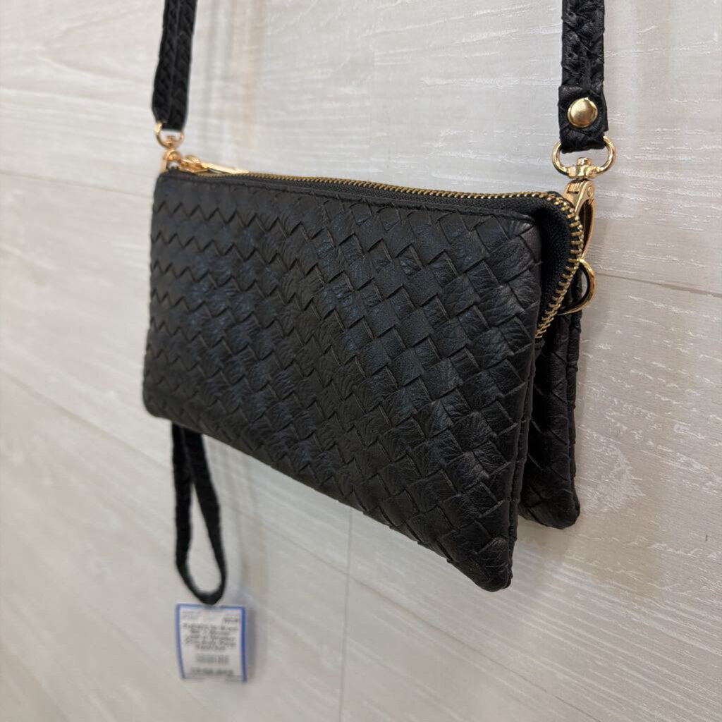 Black Woven Leather Wristlet/ Crossbody Purse