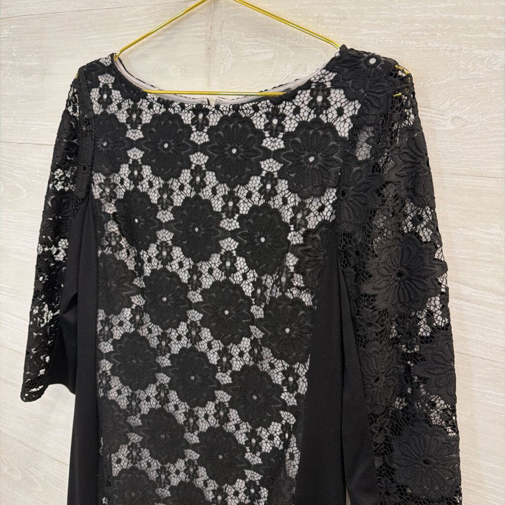 Nine West Black Grey Layered Lace Long Sleeve Dress 10