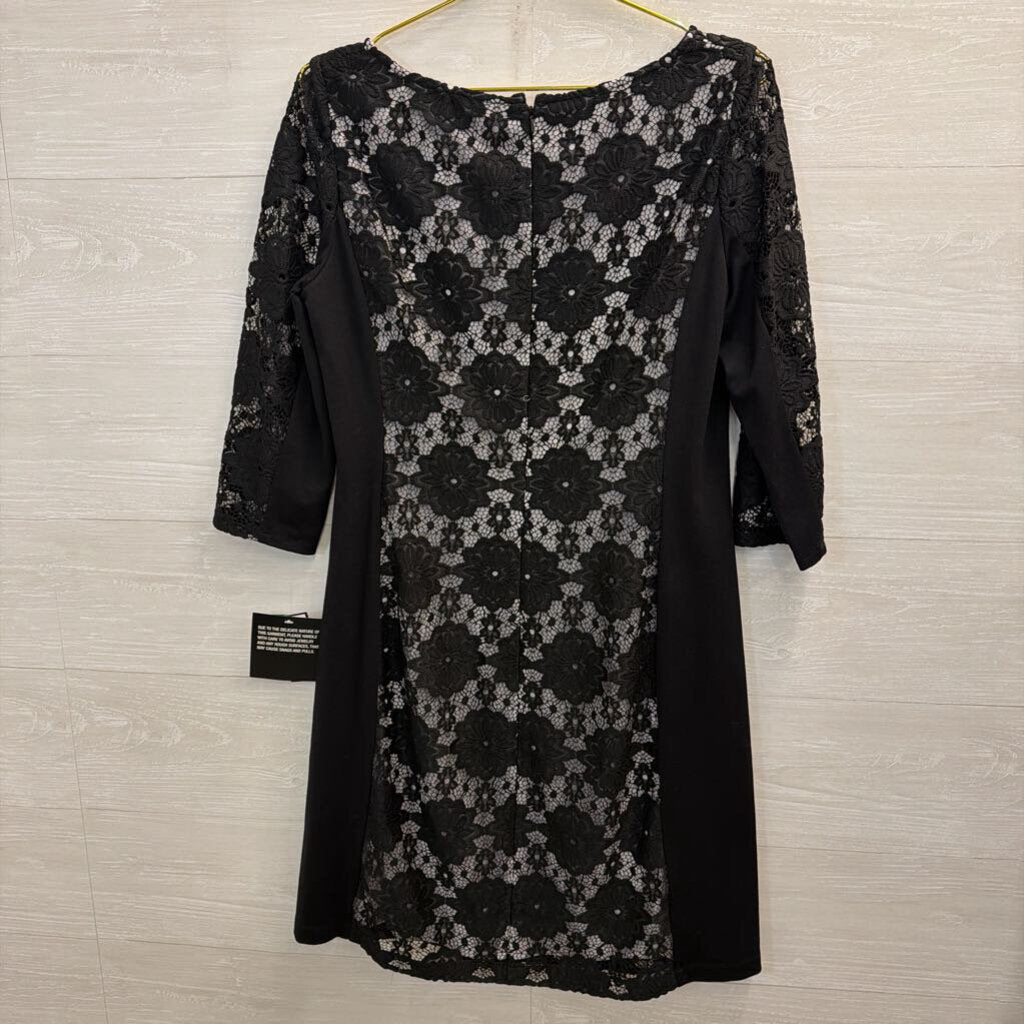Nine West Black Grey Layered Lace Long Sleeve Dress 10