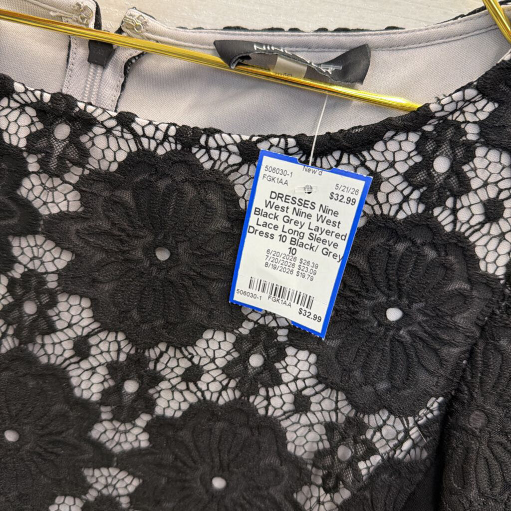 Nine West Black Grey Layered Lace Long Sleeve Dress 10