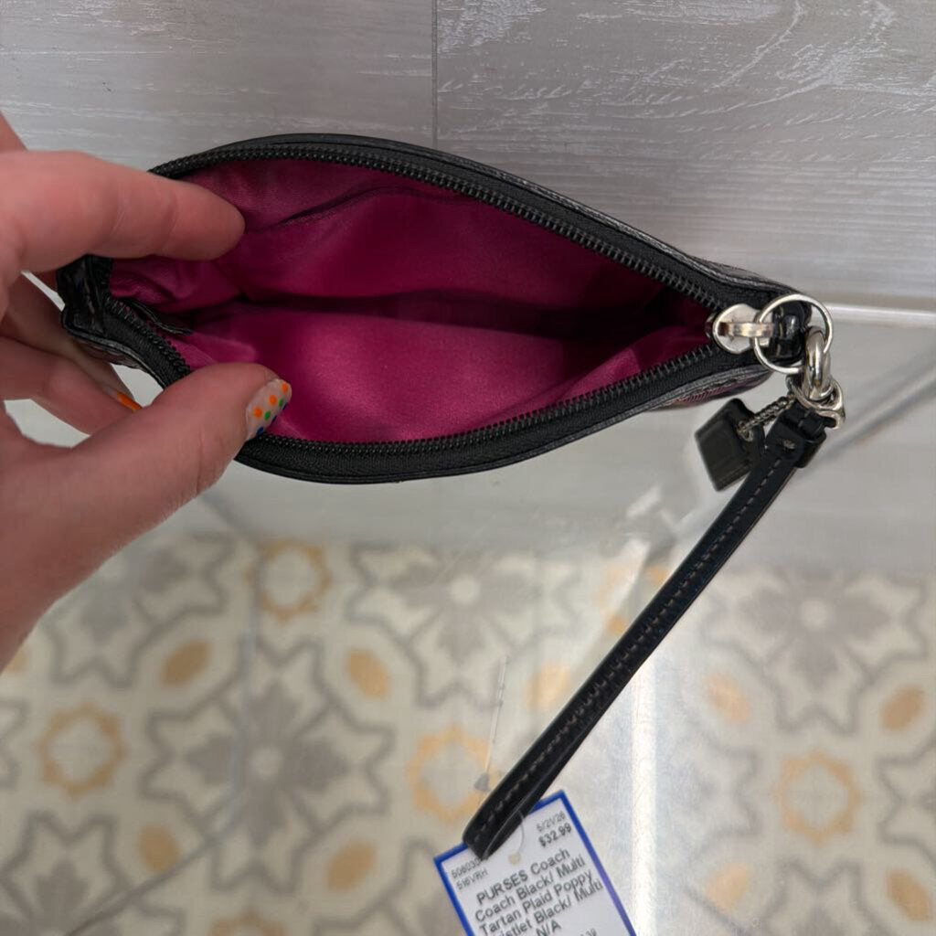 Coach Black/ Multi Tartan Plaid Poppy Wristlet