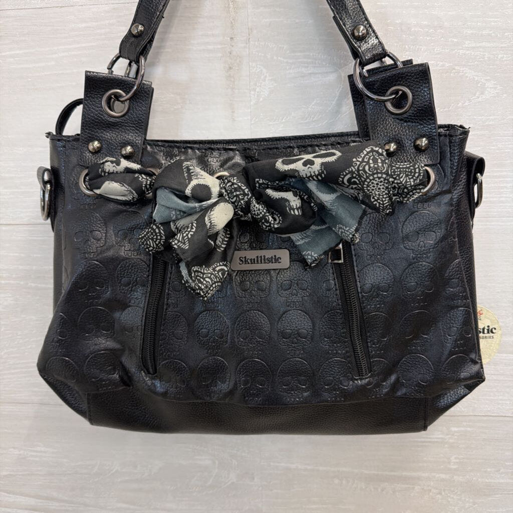 Skullistic Black Leather Skull Scarf Detail Shoulder Purse