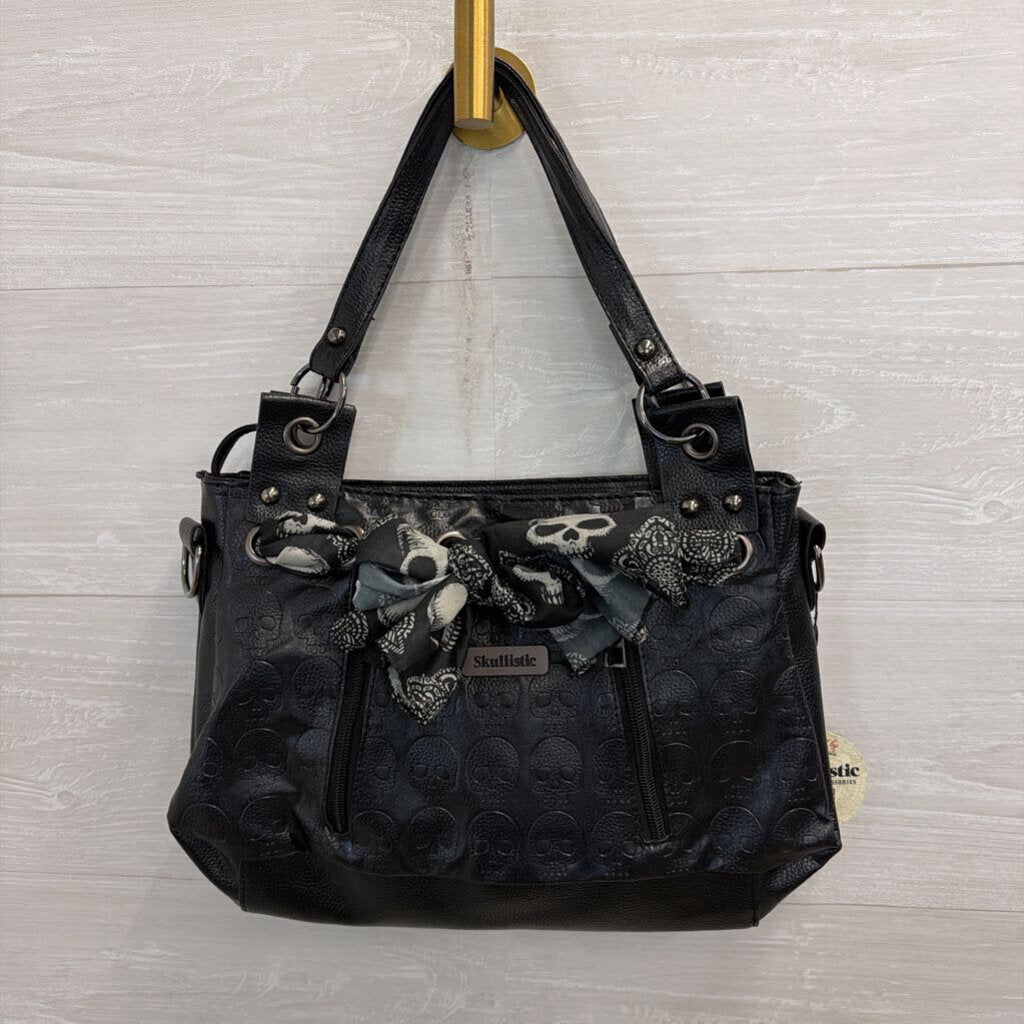 Skullistic Black Leather Skull Scarf Detail Shoulder Purse