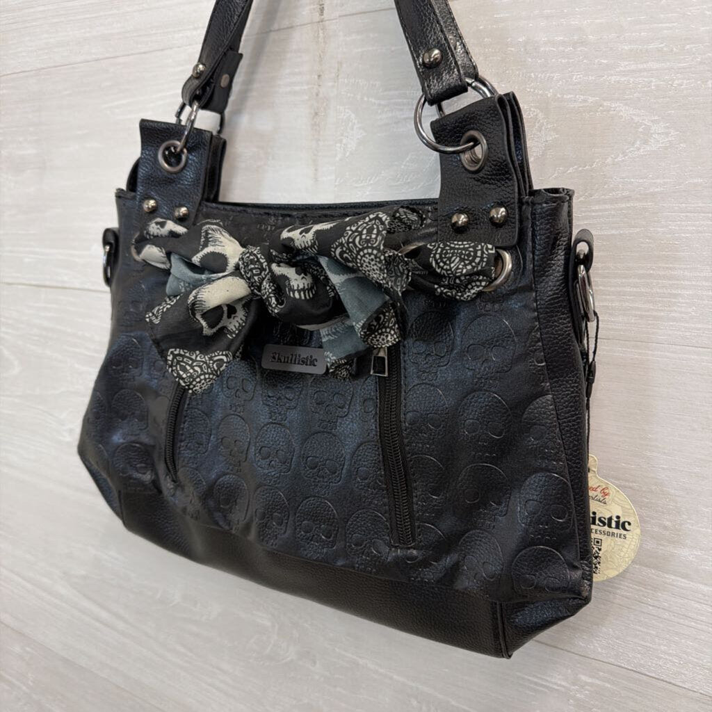 Skullistic Black Leather Skull Scarf Detail Shoulder Purse