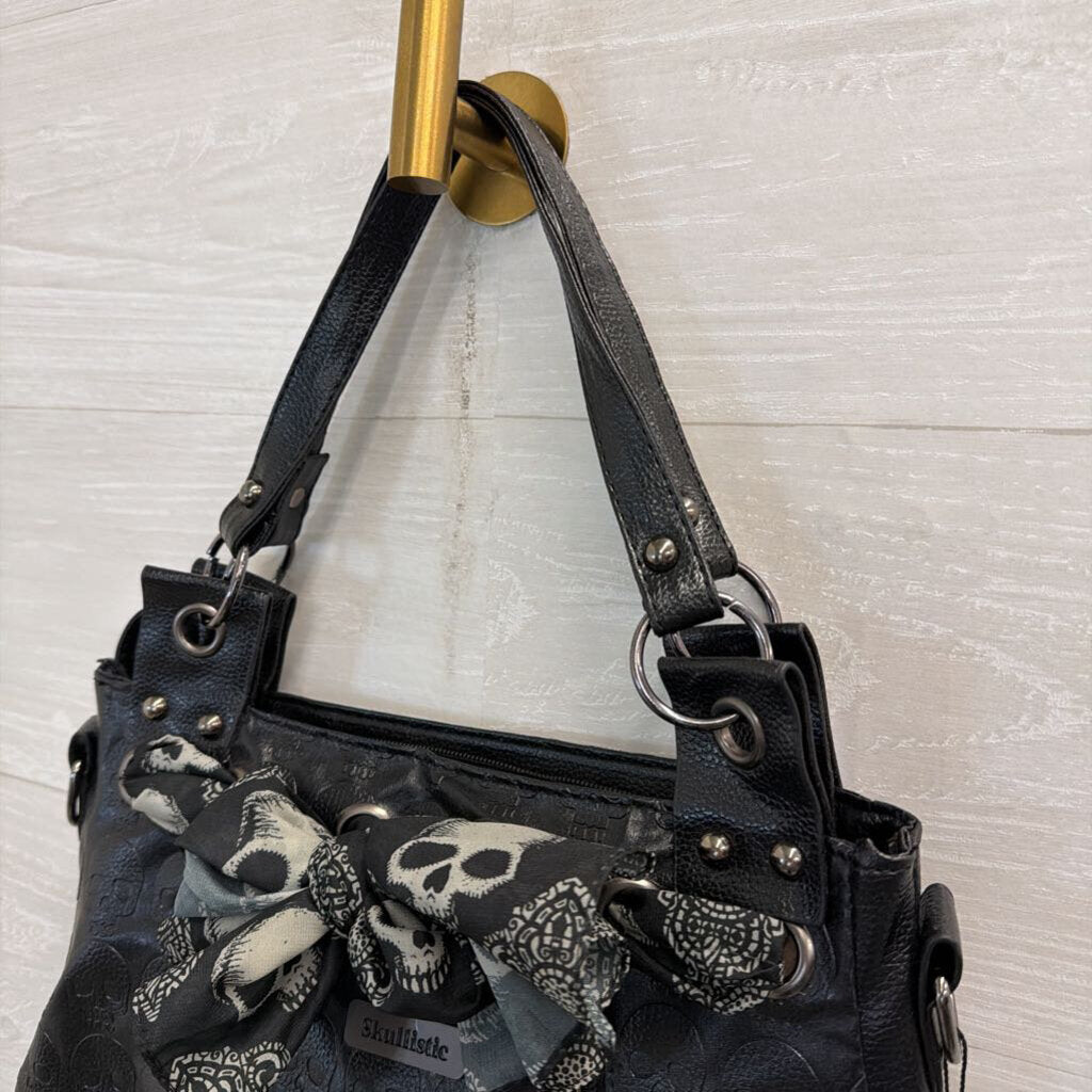 Skullistic Black Leather Skull Scarf Detail Shoulder Purse