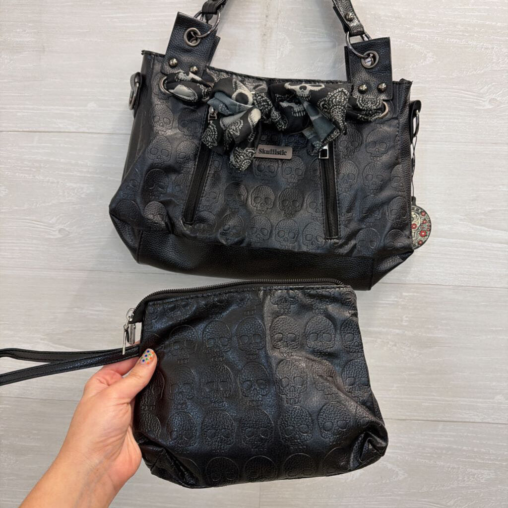 Skullistic Black Leather Skull Scarf Detail Shoulder Purse
