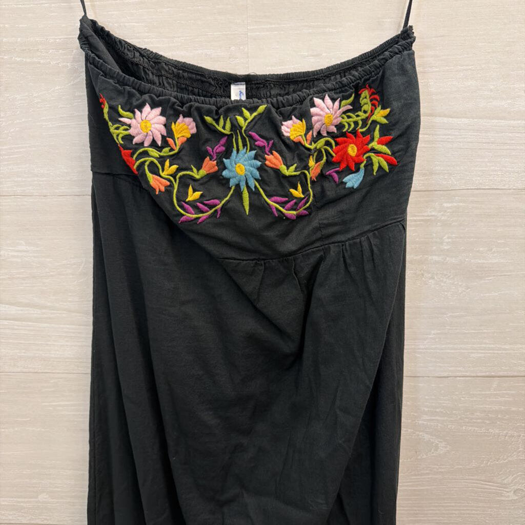 Ocean Breeze Black/ Multi Embroidered Floral Strapless Maxi Dress Small