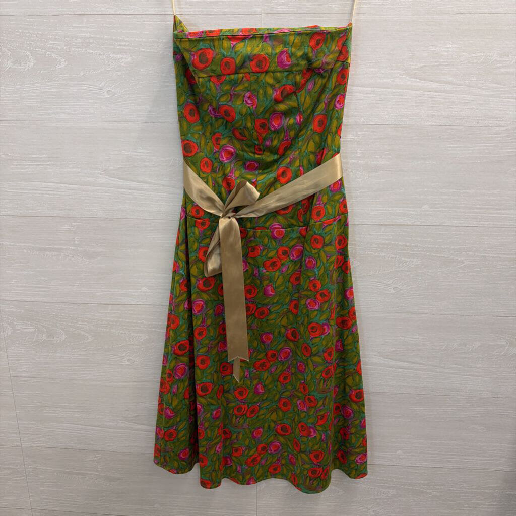 Notice Green/ Pink Floral Print Strapless Tie Waist Dress 4