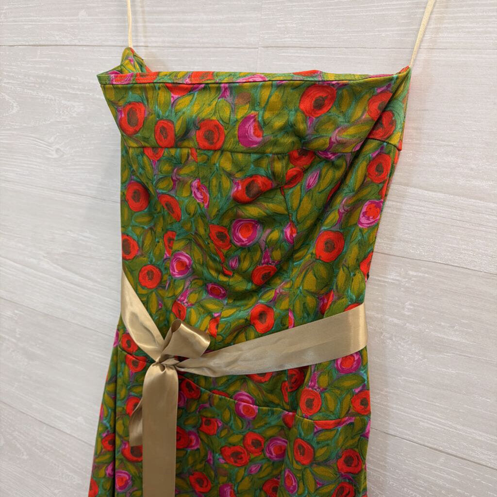 Notice Green/ Pink Floral Print Strapless Tie Waist Dress 4